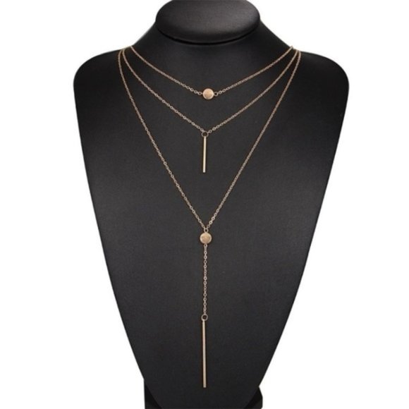 Dainty Layered Lariat Bar Circle Necklace - Picture 2 of 3